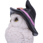 Witchy White Owl Figurine - close up of hat side showing purple band and buckle charm