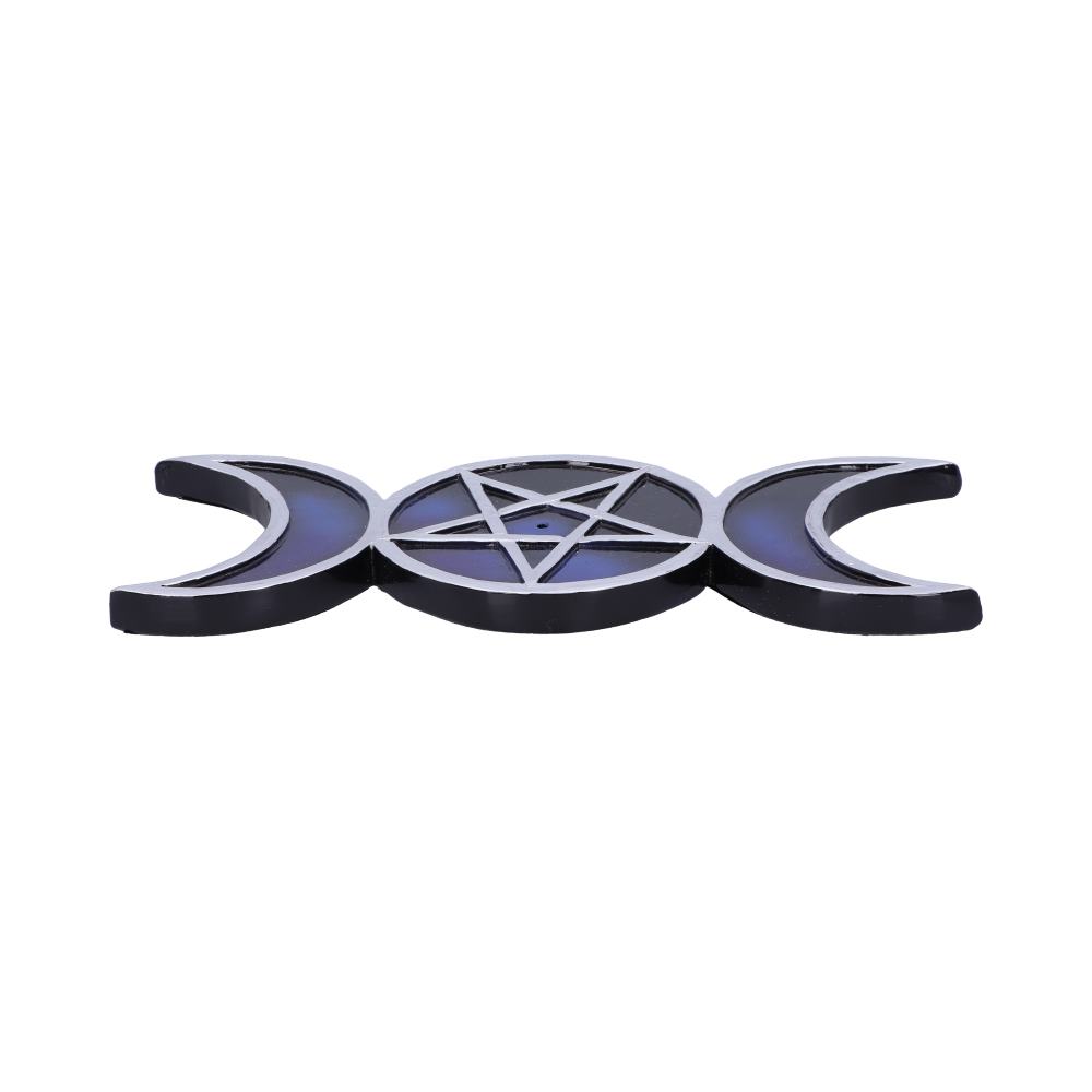 Triple Moon Pentagram Incense Holder - front-on view showing blue iridescent fill and silver outlines