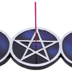 Triple Moon Pentagram Incense Holder - product shot with incense stick inserted