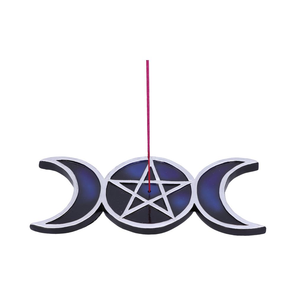 Triple Moon Pentagram Incense Holder - full product shot with incense stick from front