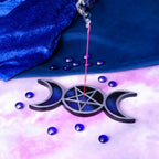 Triple Moon Pentagram Incense Holder - moody lifestyle shot with blue velvet, crystal beads and incense smoke