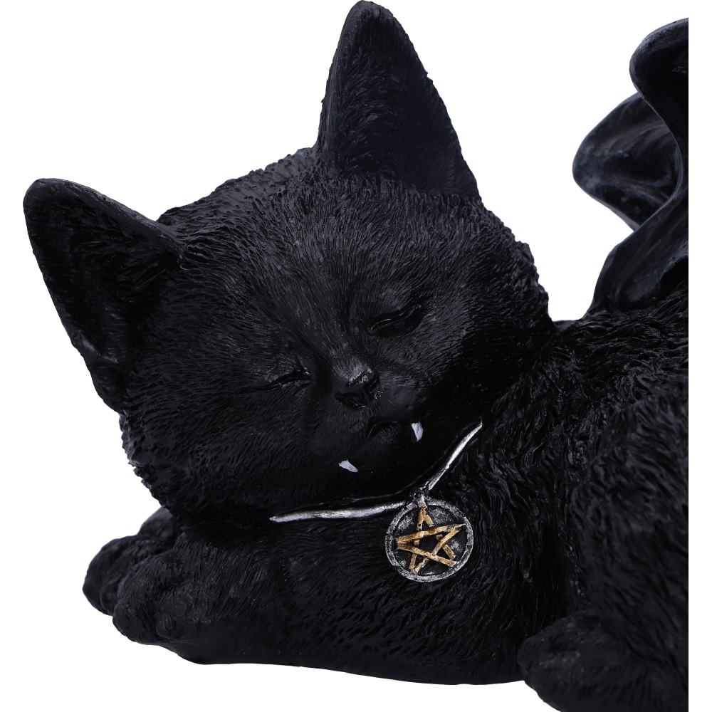Sleeping Vampire Black Cat Bat Wings Figurine - close up of face showing vampire fangs and pentagram pendant