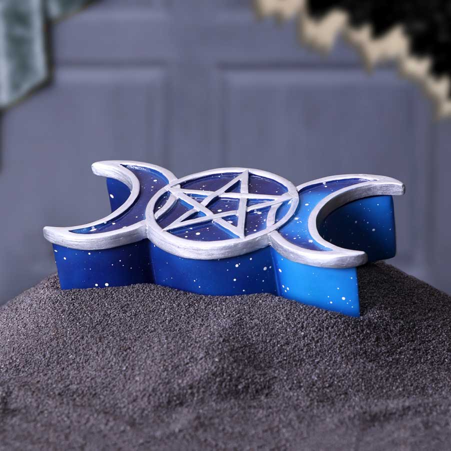 Triple Moon Pentagram Trinket Box - lifestyle shot open with tumbled crystals inside and scattered around
