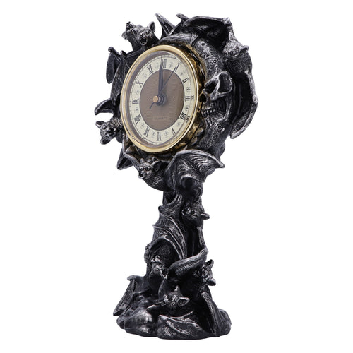 Gothic bat mantel clock front view with gold quartz face