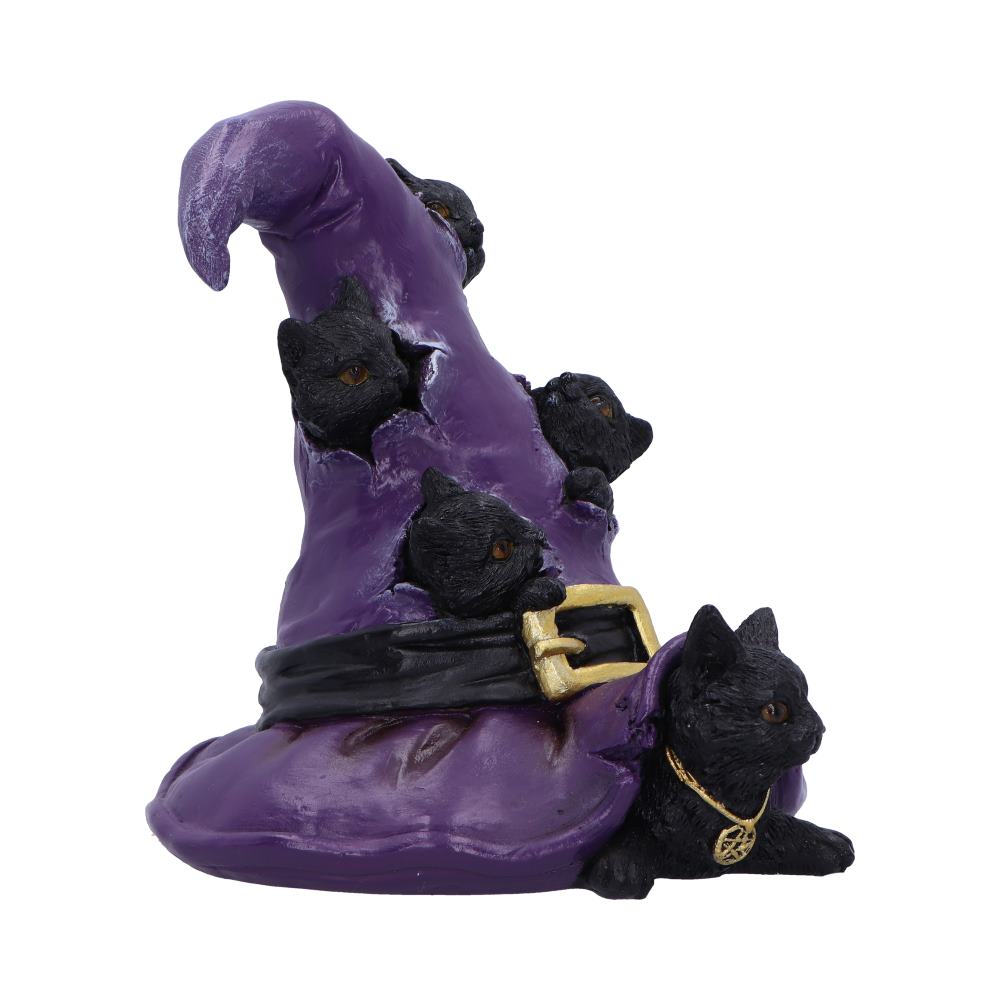 Black cats witch hat figurine side view showing all five cats