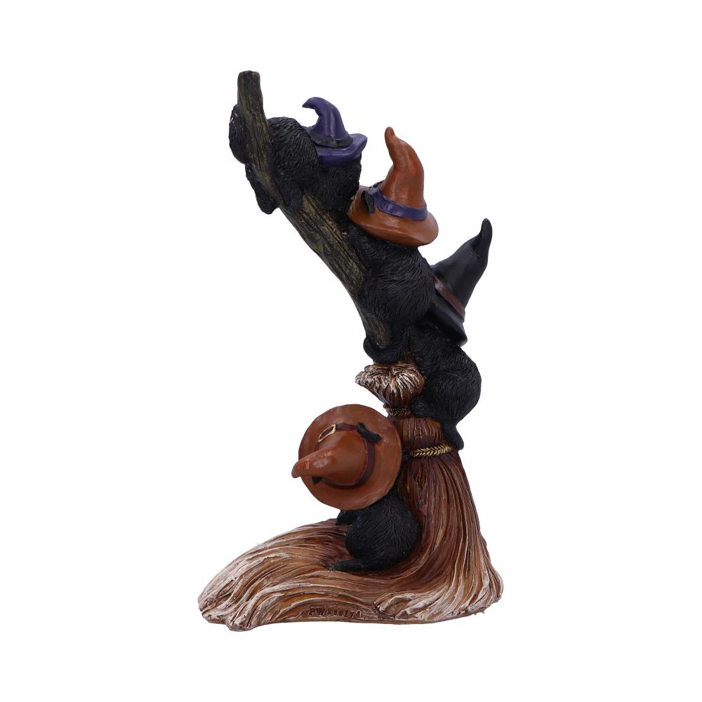 Witch cats broomstick figurine front view with pentagram charm