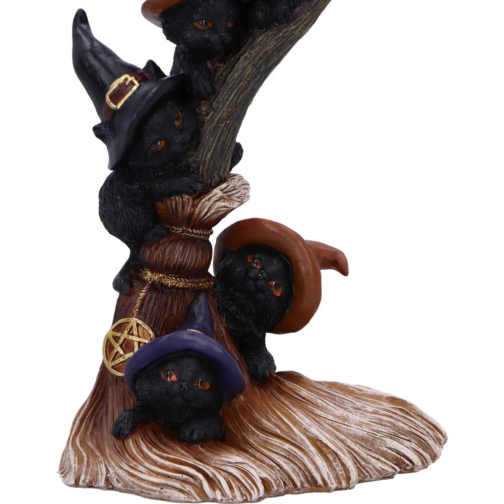 Witch cats broomstick figurine styled in moody forest setting
