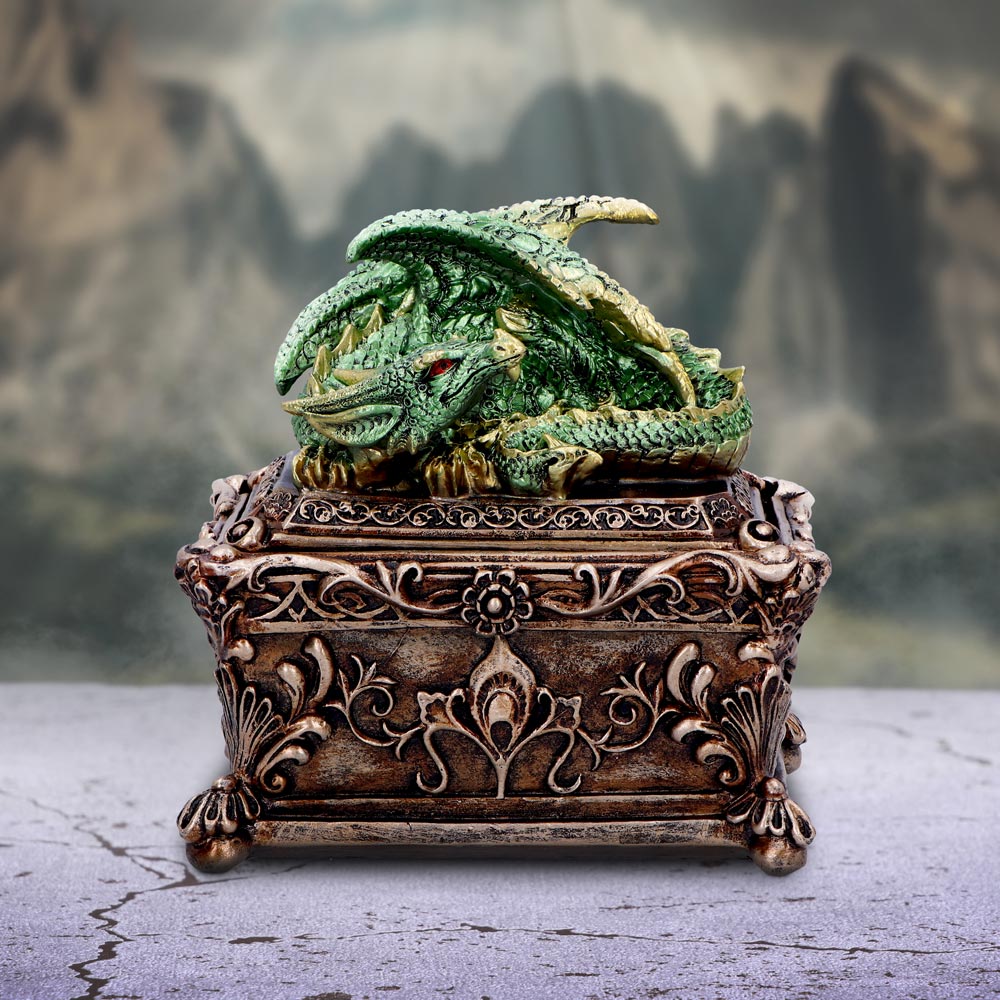 Green dragon trinket box rear view showing ornate chest detail