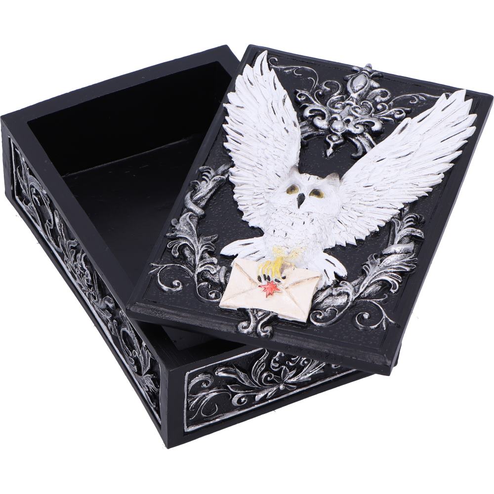 White owl trinket box open styled on wooden surface with botanicals
