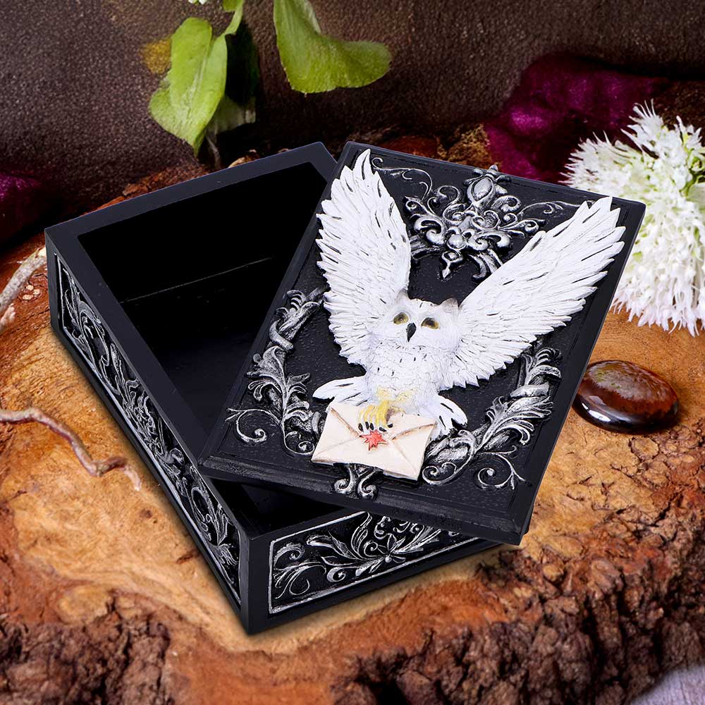 White owl trinket box rear view showing silver scrollwork detail