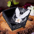 White owl trinket box rear view showing silver scrollwork detail