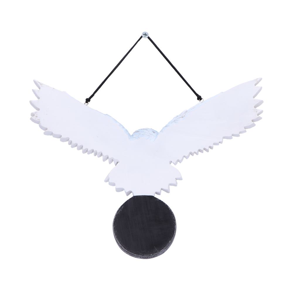 White owl pentagram wall hanging side angle showing feather detail