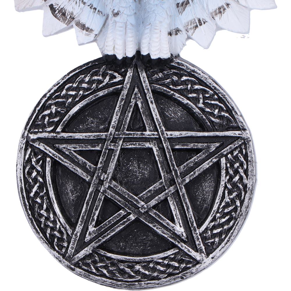 White owl pentagram wall hanging displayed on dark tree bark in snowy forest