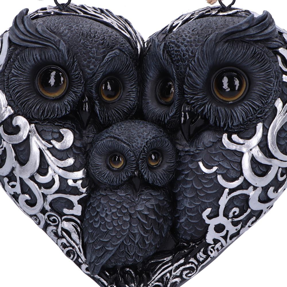 Owl family heart wall hanging three-quarter view showing feather and scrollwork contrast