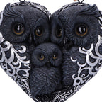 Owl family heart wall hanging three-quarter view showing feather and scrollwork contrast