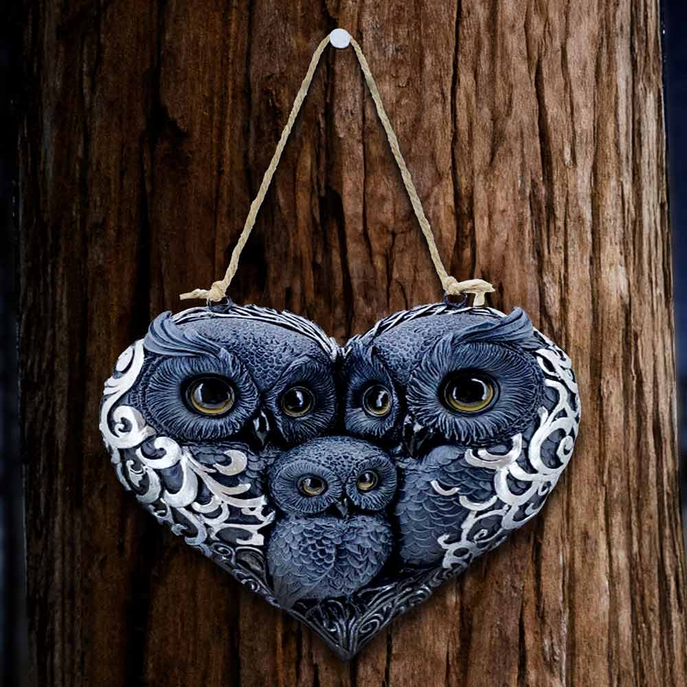 Owl family heart wall hanging full front view on white background