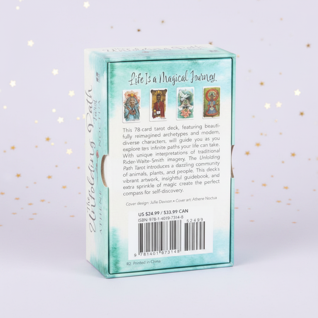 Unfolding Path Tarot — box back, gold stars