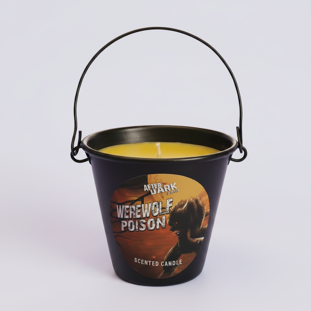 Werewolf Poison candle in a bucket- lavender background