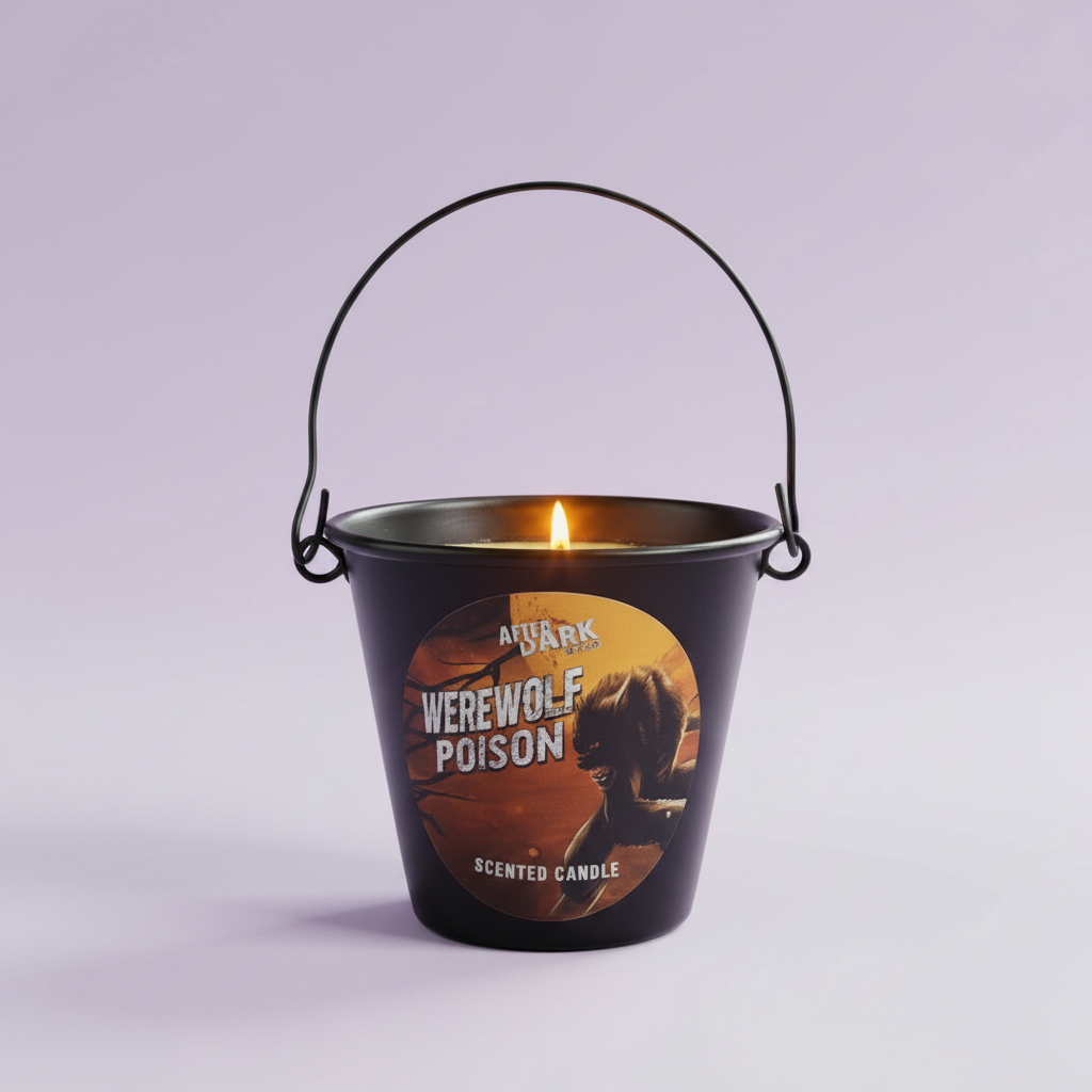Werewolf Poison - lit candle, lavender background