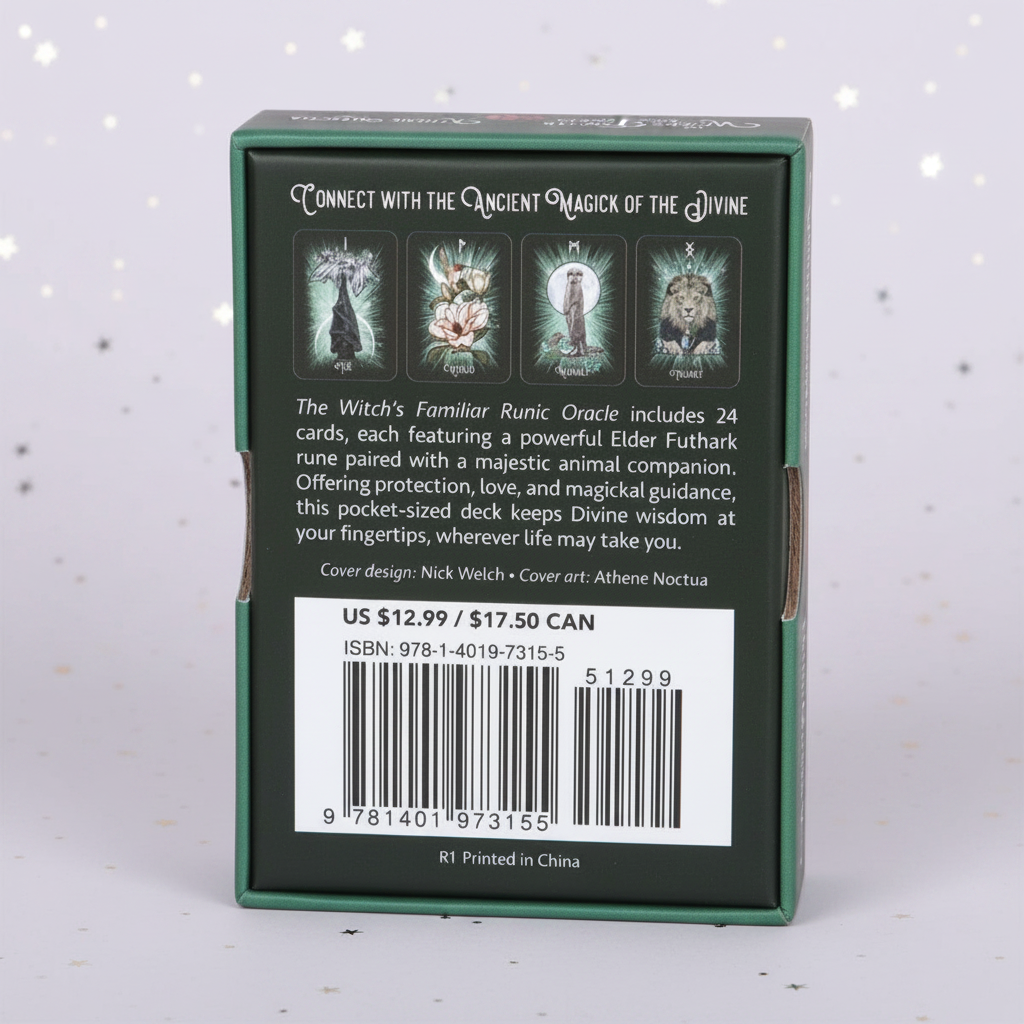 Witch's Familiar Runic Oracle — box back, silver stars
